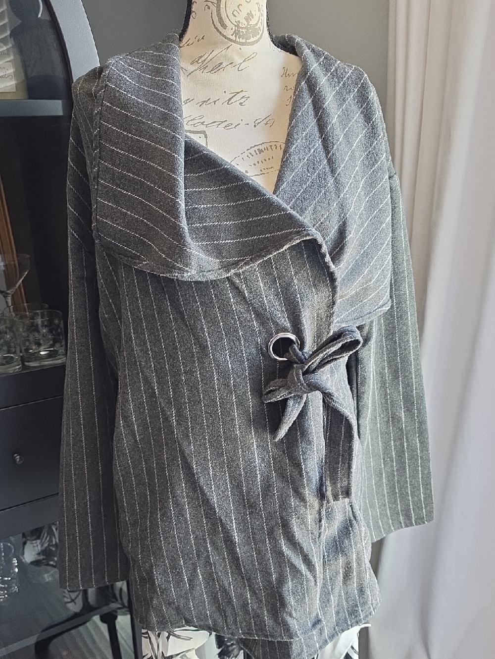 Striped Grey Wrap Jacket with Tie